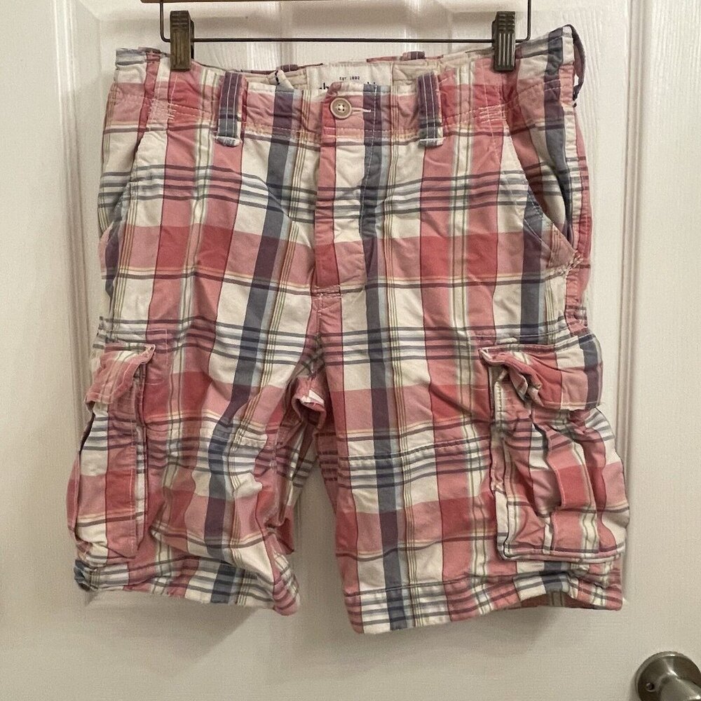 Abercombie & Fitch Plaid Heavy Cotton Button Fly Cargo Drawstring Shorts size 16